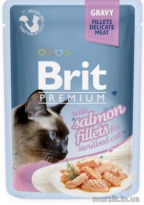 Вологий корм Brit Premium Cat Pouch для стерилізованих котів, філе лосося в соусі, 85 г 111254 фото