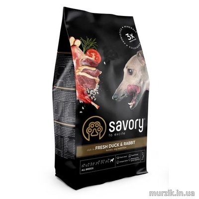 Сухой корм Savory для собак всех пород, со свежей уткой и кроликом, 1 кг 30167 фото