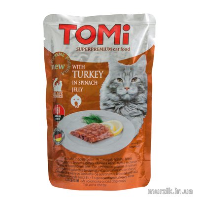 Влажный корм для котов Томи индейка в шпинатном желе пауч 100 г. 8621195 фото