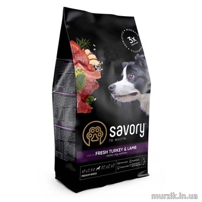Сухой корм Savory Medium для собак средних пород, со свежим ягненком и индейкой, 1 кг 30259 фото