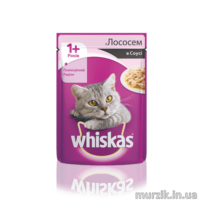 Влажный корм для взрослых котов и кошек от 1 года Whiskas с лососем в соусе 100 г 9128639 фото