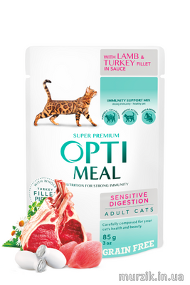 Упаковка 12 шт!!!Влажный корм для кошек с чувствительным пищеварением Optimeal (Оптимил) с ягненком и филе индейки в соусе 85 г. 41532640 фото
