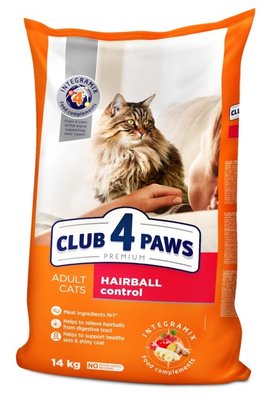 Сухий корм для дорослих котів "Клуб 4 Лапи" Premium Hairball Control з ефектом виведення шерсті, 14 кг. 5234189 фото