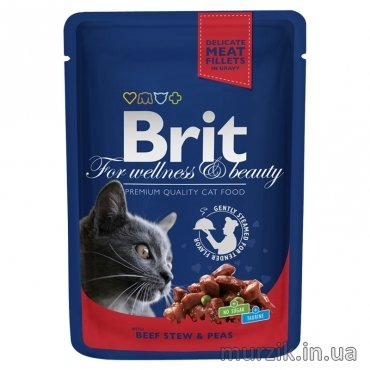 Вологий корм Brit Premium Cat Pouch для котів, з тушкованою яловичиною та горошком, 100 г 100270 фото