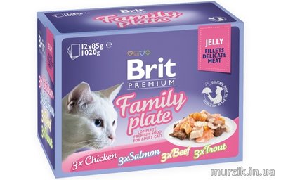 Набор влажных кормов Brit Premium pouches «Семейная тарелка филе в желе» для кошек, ассорти из 4 вкусов, 12 шт. х 85 г 111245 фото