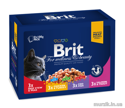 Набор влажных кормов Brit Premium Cat Pouch «Семейная тарелка» для кошек, ассорти из 4 вкусов, 12 шт х 100 г 100278 фото