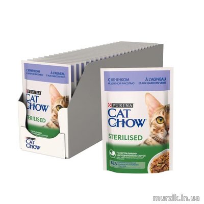 Блок 26ШТ!!! Влажный корм Cat Chow Sterilised кусочки в соусе с ягненком и зеленой фасолью 85*26 шт 41649885 фото