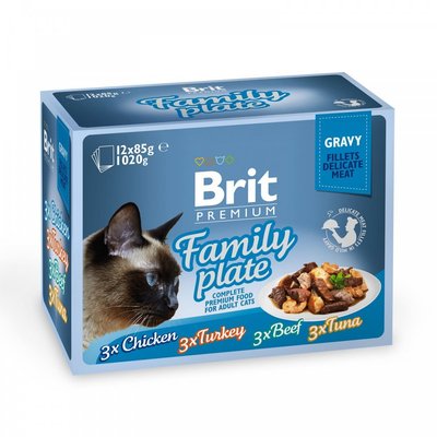Набір вологих кормів Brit Premium Cat Pouches «Сімейна тарілка, філе в соусі» для котів, асорті із 4 смаків, 12 шт. х 85 г 111257 фото