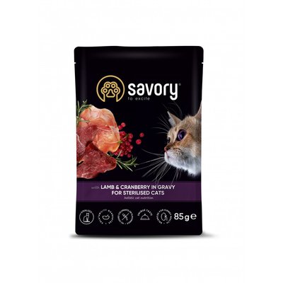 Вологий корм Savory для стерилізованих котів, ягня з журавлиною у соусі, пауч, 85 г 20093 фото