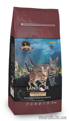 Сухой корм для взрослых стерилизованных кошек и котов с лишним весом, от 1 года, Landor STERILIZED LIGHT DUCK&RICE (Стерилайзд Лайт), с уткой и рисом, 2 кг 41525716 фото