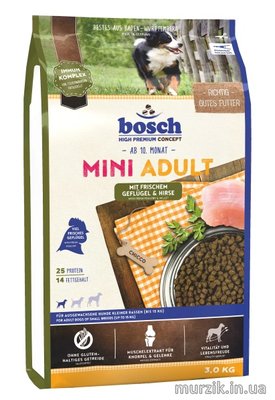 Сухой корм для взрослых собак маленьких пород, Bosch Mini Adult (Бош Мини Эдалт), с птицей и просом 3 кг 32589119 фото