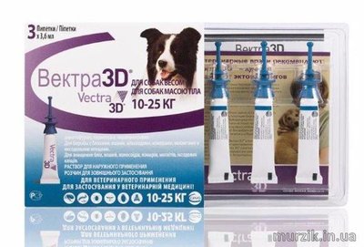 Капли на холку Vectra 3D (Вектра 3Д) от блох, клещей и комаров для собак 10 - 25 кг. (3 тюбика) 8887075 фото