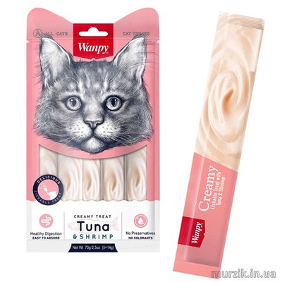 Лакомство для котов Wanpy Creamy Lickable Treats Tuna & Shrimp (Ванпи) с тунцом и креветками 5шт/14г. 42364297 фото